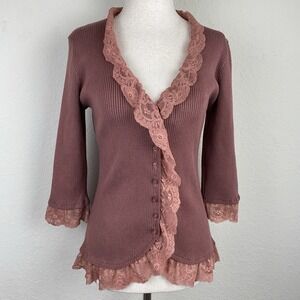 Grace Karin S Cardigan Lace Trim Pink Sweater Ruffle Boho Prairie Grunge Western